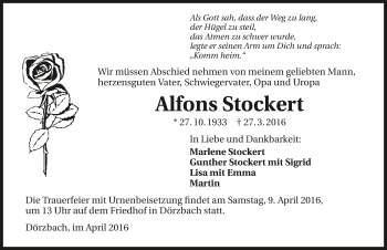 Traueranzeige von Alfons Stockert 