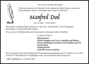Traueranzeige von Manfred Dod 