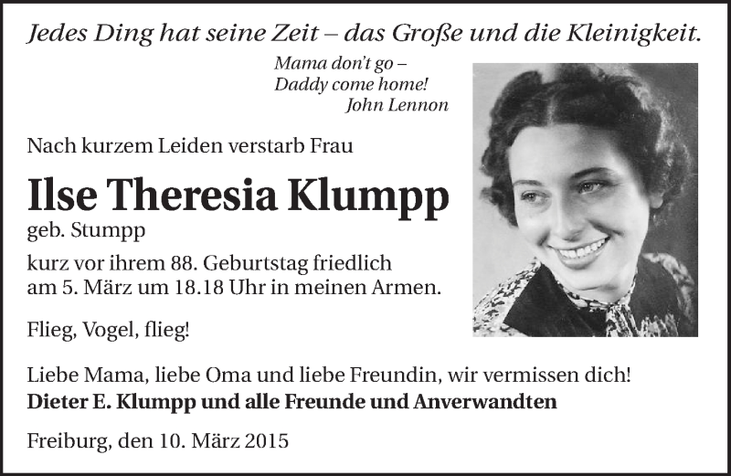  Traueranzeige für Ilse Theresia Klumpp vom 14.03.2015 aus 