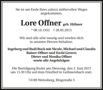Traueranzeige von Lore Offner 