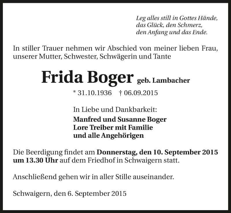  Traueranzeige für Frida Boger vom 08.09.2015 aus 