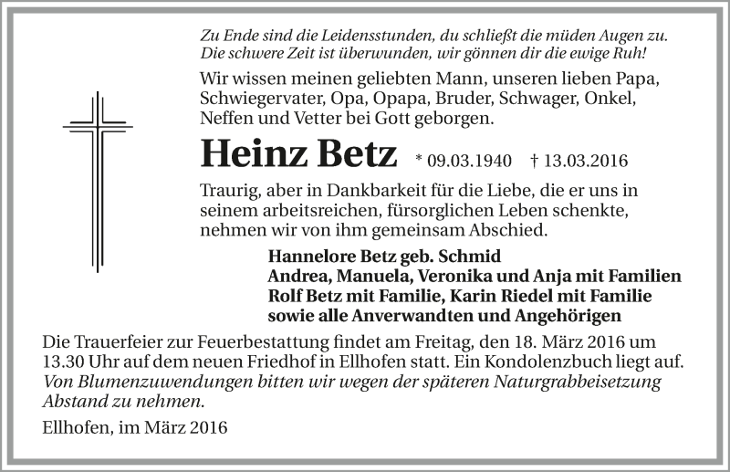  Traueranzeige für Heinz Betz vom 15.03.2016 aus 