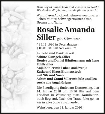Traueranzeige von Rosalie Amanda Siller 