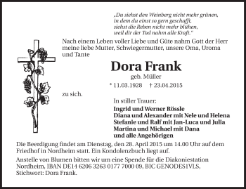 Traueranzeige von Dora Frank 