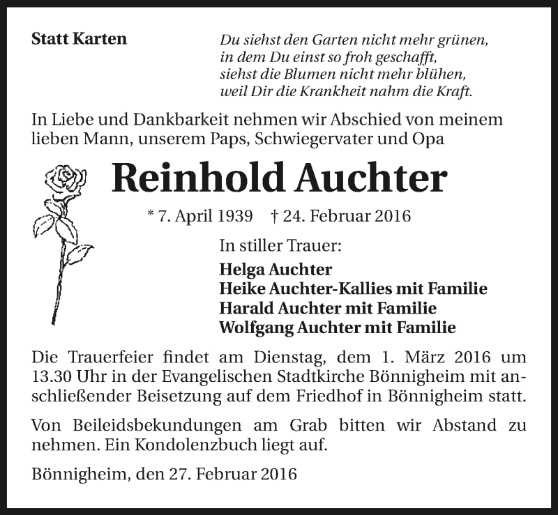  Traueranzeige für Reinhold Auchter vom 27.02.2016 aus 