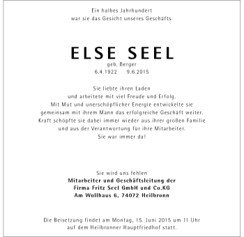 Traueranzeige von Else Seel 