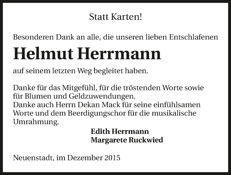  Traueranzeige für Helmut Herrmann vom 02.12.2015 aus 