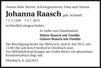 Traueranzeige von Johanna Raasch 