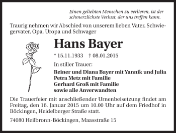 Traueranzeige von Hans Bayer 