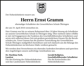 Traueranzeige von Ernst Gramm 