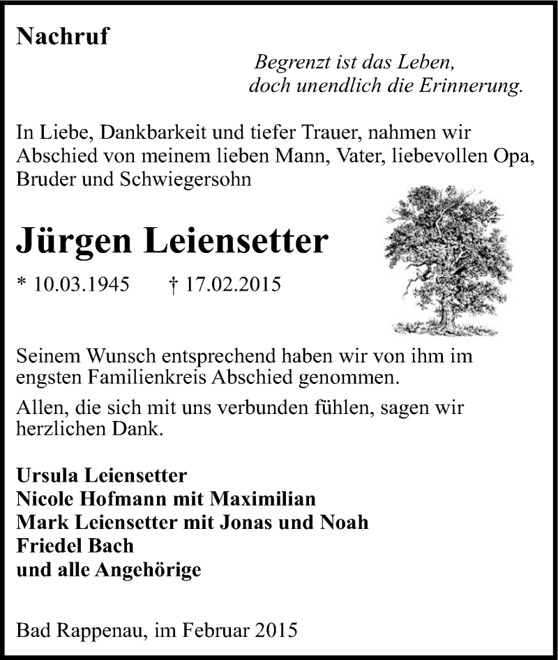  Traueranzeige für Jürgen Leiensetter vom 27.02.2015 aus 