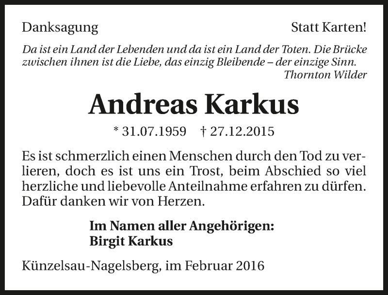  Traueranzeige für Andreas Karkus vom 01.02.2016 aus 