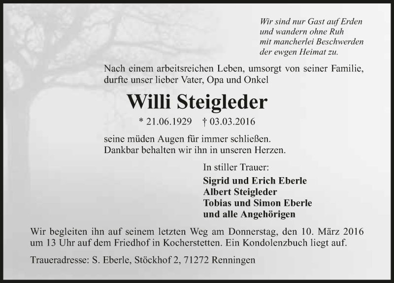  Traueranzeige für Willi Steigleder vom 09.03.2016 aus 
