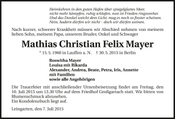Traueranzeige von Mathias Christian Felix Mayer 