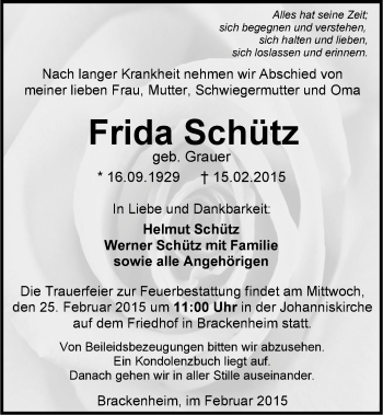 Traueranzeige von Frida Schütz 