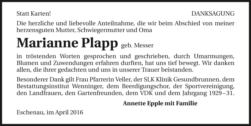  Traueranzeige für Marianne Plapp vom 13.04.2016 aus 