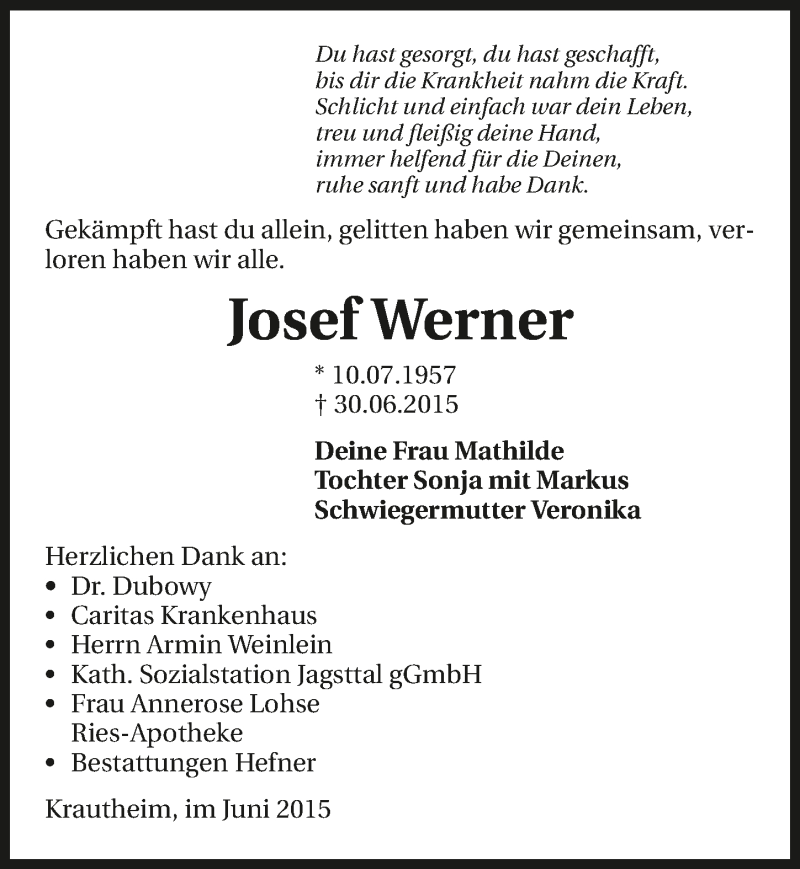  Traueranzeige für Josef Werner vom 03.07.2015 aus 