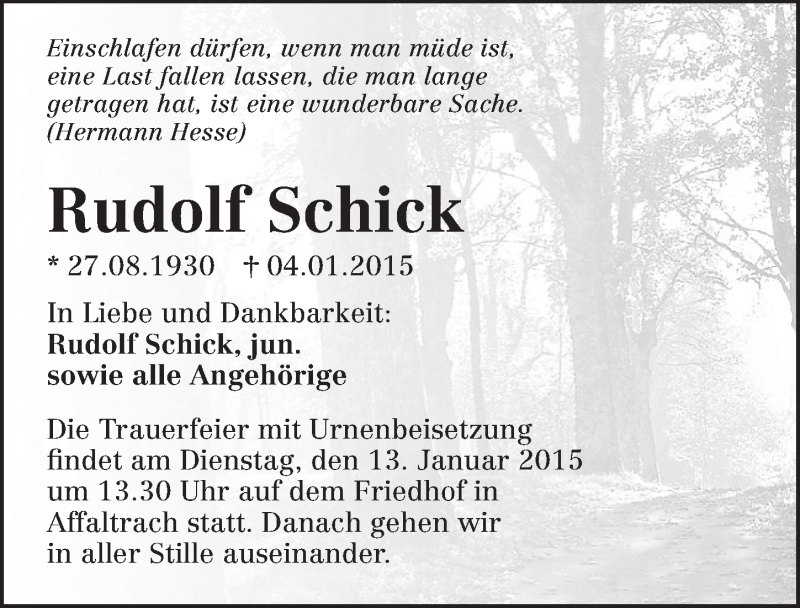  Traueranzeige für Rudolf Schick vom 10.01.2015 aus 