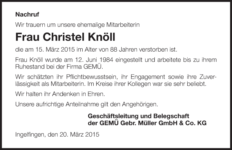  Traueranzeige für Christel Knöll vom 21.03.2015 aus 