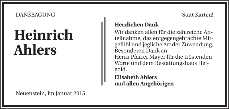  Traueranzeige für Heinrich Ahlers vom 08.01.2015 aus 