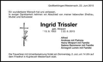 Traueranzeige von Ingrid Trissler 