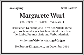 Traueranzeige von Margarate Wurl 