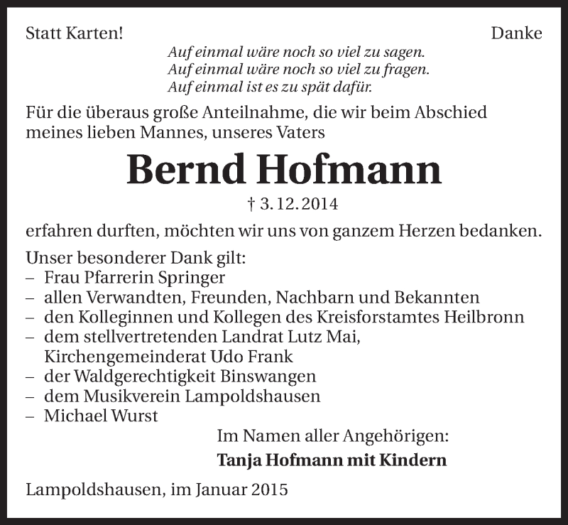  Traueranzeige für Bernd Hofmann vom 03.01.2015 aus 