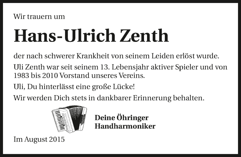  Traueranzeige für Hans-Ulrich Zenth vom 20.08.2015 aus 