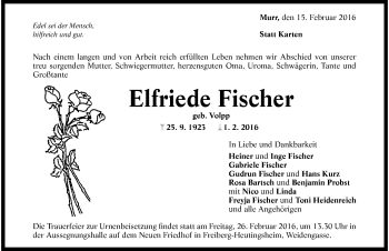 Traueranzeige von Elfriede Fischer 