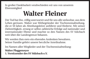 Traueranzeige von Walter Fleiner 
