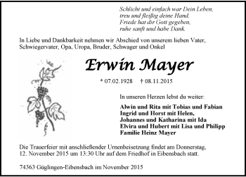 Traueranzeige von Erwin Mayer 