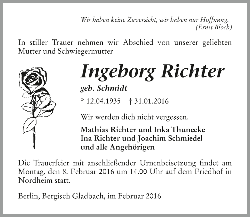  Traueranzeige für Ingeborg Richter vom 05.02.2016 aus 
