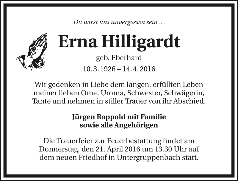 Traueranzeige für Erna Hilligardt vom 18.04.2016 aus 