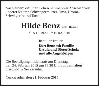 Traueranzeige von Hilde Benz 