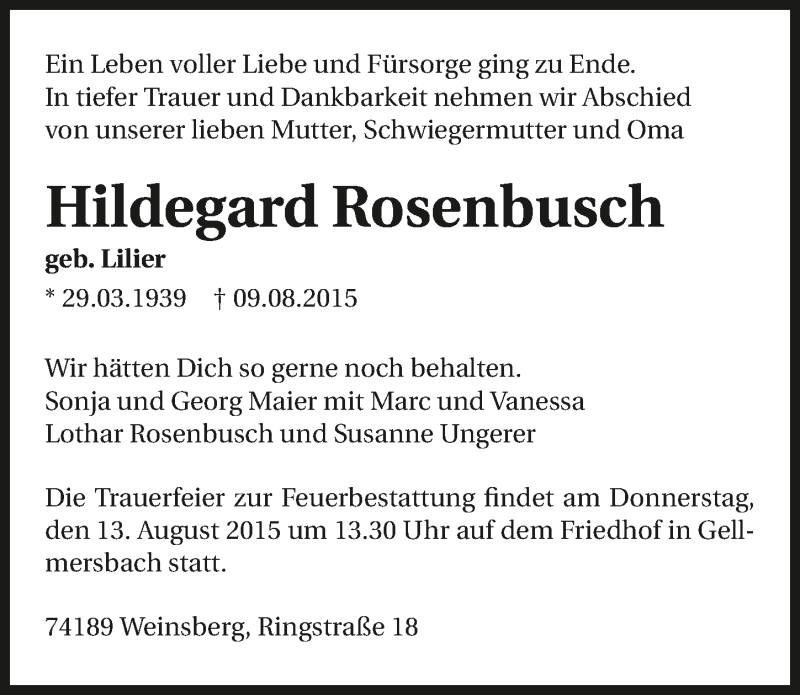  Traueranzeige für Hildegard Rosenbusch vom 12.08.2015 aus 