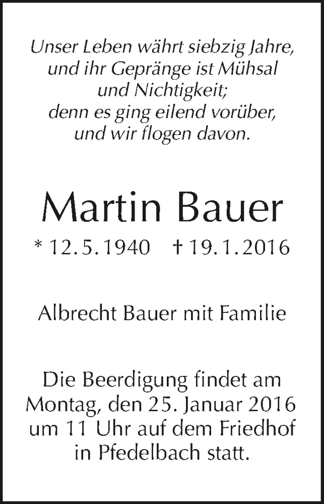  Traueranzeige für Martin Bauer vom 22.01.2016 aus 