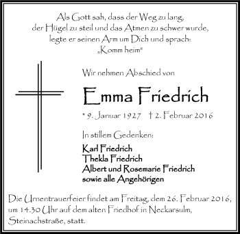 Traueranzeige von Emma Friedrich 