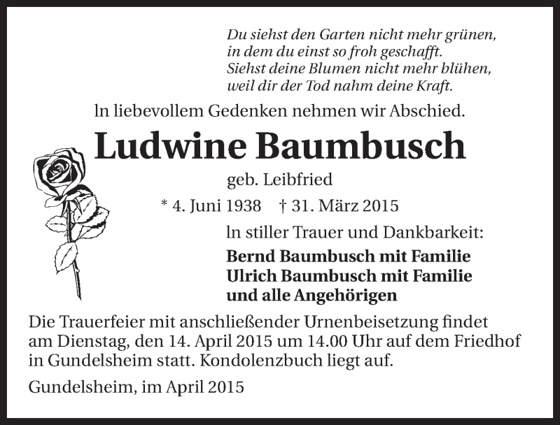  Traueranzeige für Ludwine Baumbusch vom 10.04.2015 aus 