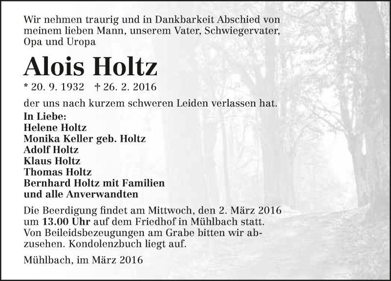  Traueranzeige für Alois Holtz vom 01.03.2016 aus 