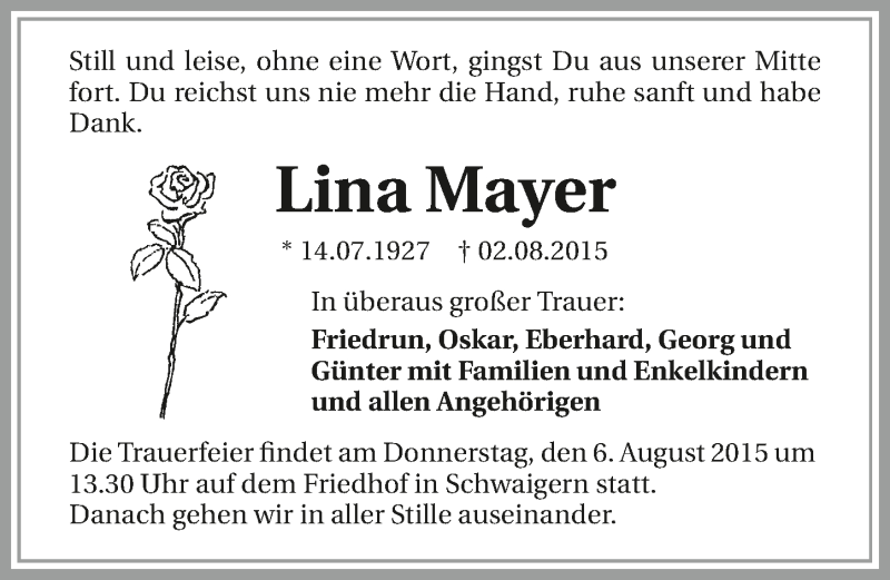  Traueranzeige für Lina Mayer vom 05.08.2015 aus 