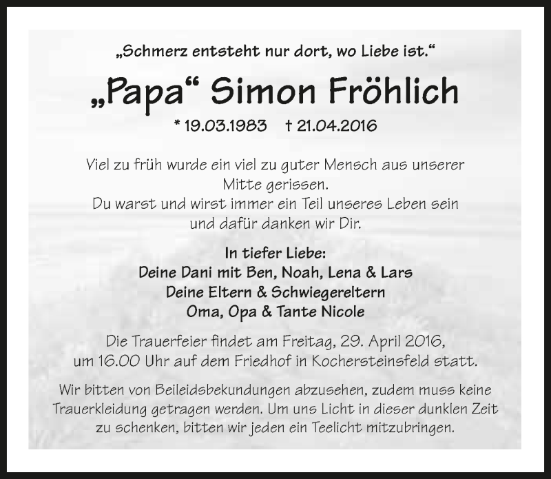  Traueranzeige für Simon Fröhlich vom 27.04.2016 aus 