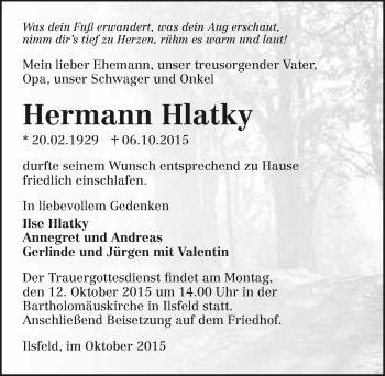 Traueranzeige von Hermann Hlatky 