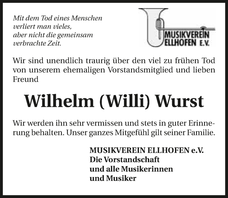  Traueranzeige für Wilhelm Wurst vom 06.10.2015 aus 
