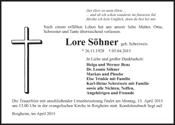 Traueranzeige von Lore Söhner 