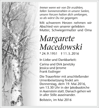 Traueranzeige von Margarete Macedowski 