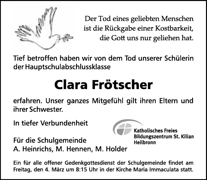  Traueranzeige für Clara Frötscher vom 02.03.2016 aus 