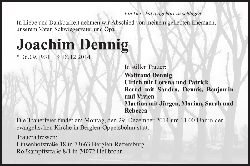  Traueranzeige für Joachim Dennig vom 23.12.2014 aus 