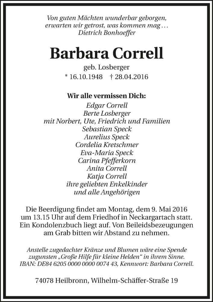  Traueranzeige für Barbara Corell vom 04.05.2016 aus 