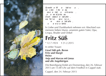 Traueranzeige von Fritz Suess 