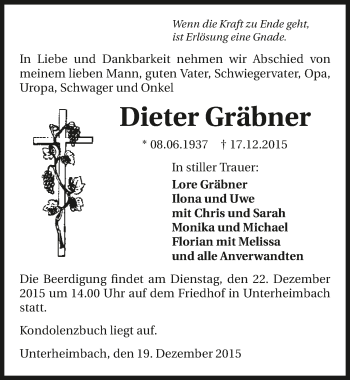 Traueranzeige von Dieter Gräbner 